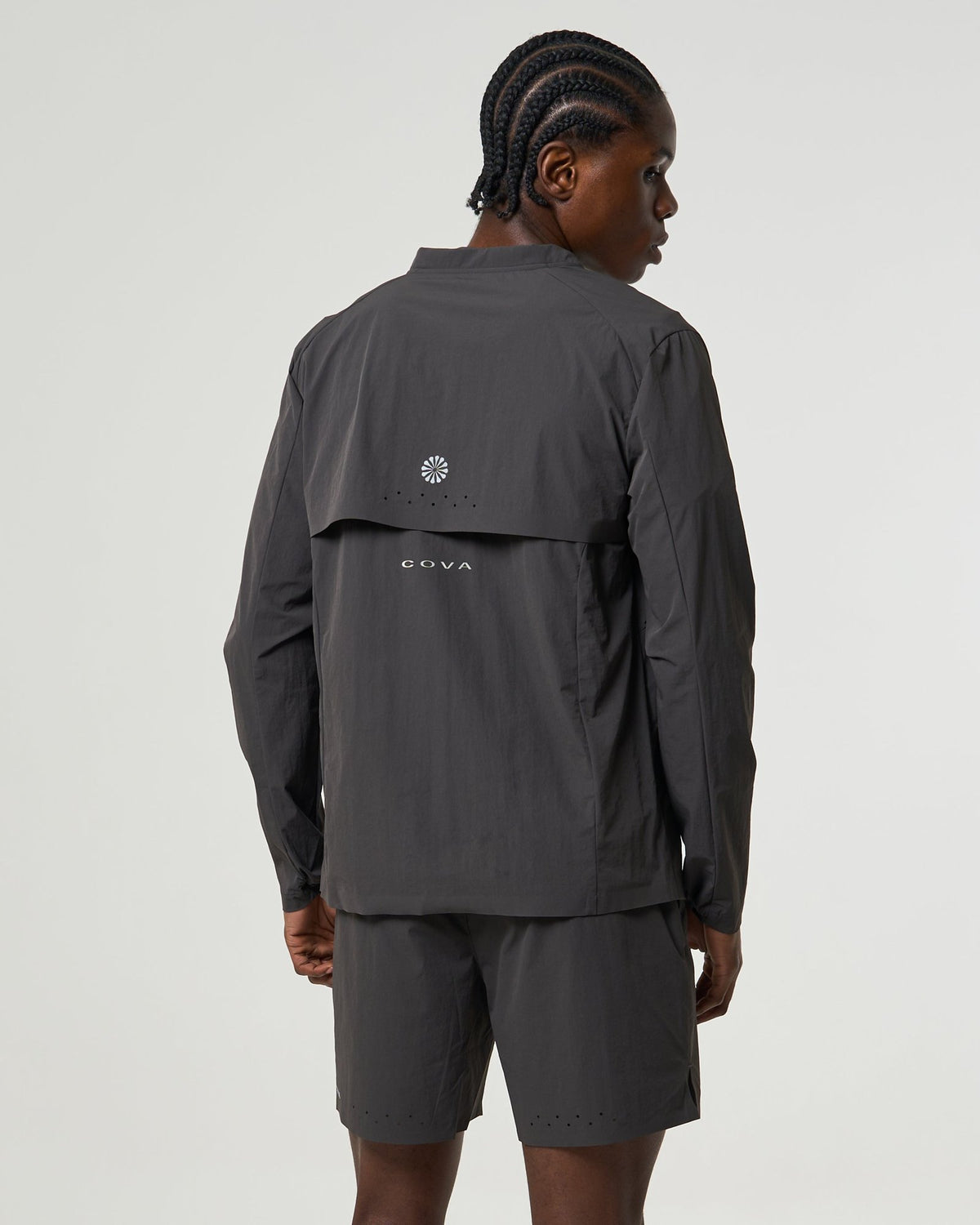 COVA DAILY track jacket and shorts in Charcoal, back view